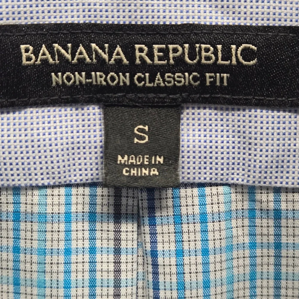 Banana Republic Mens Blue Brown Plaid Non-Iron Classic Fit Shirt 410774-00 Small